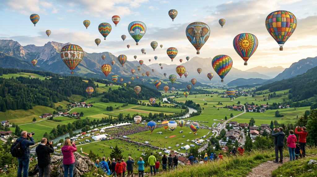 Numerous colorful hot air balloons ascending above a green valley with mountains